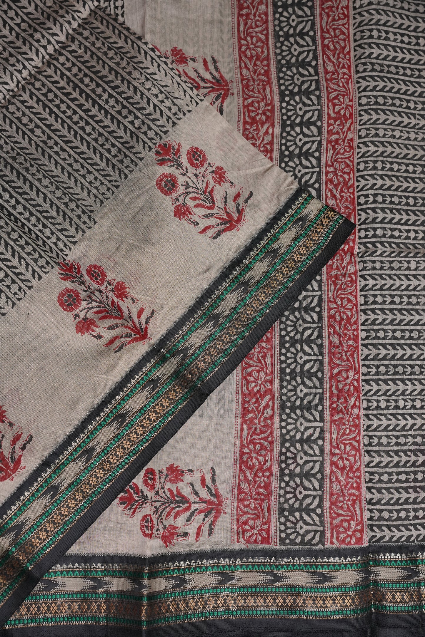 Chanderi Silk Cotton Block Printed Saree - Grey