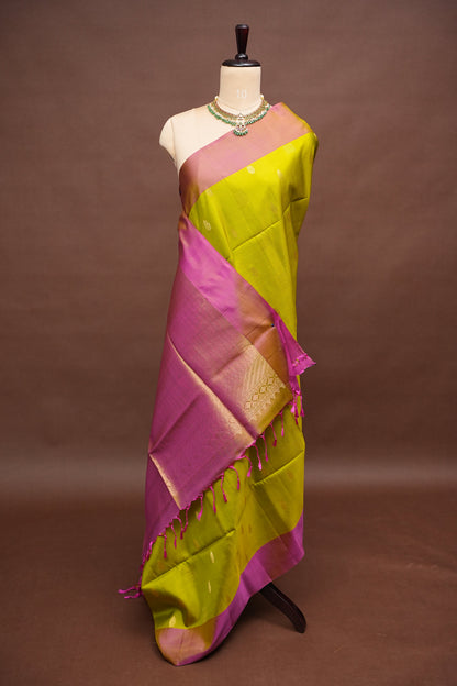Pure Soft Silk Saree - Parrot Green with Pink