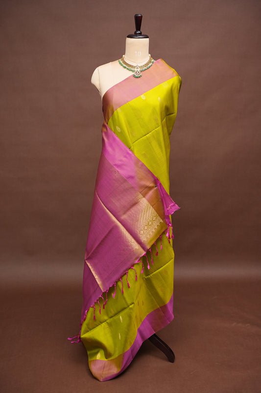 Pure Soft Silk Saree - Parrot Green with Pink