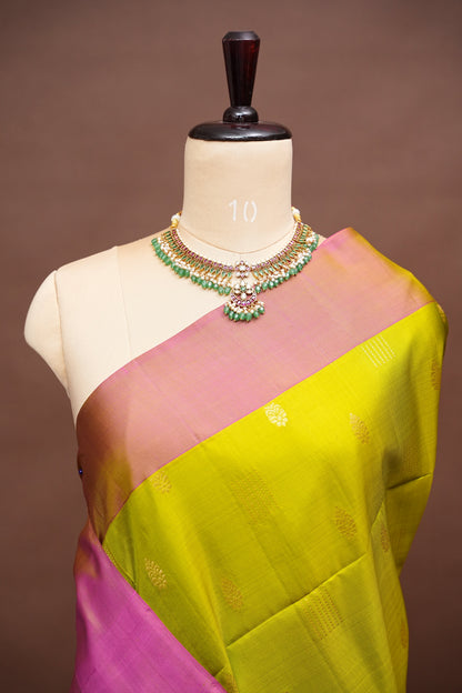 Pure Soft Silk Saree - Parrot Green with Pink