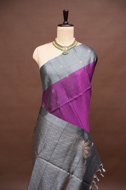 Pure Soft Silk Saree - Wine & Silver Grey