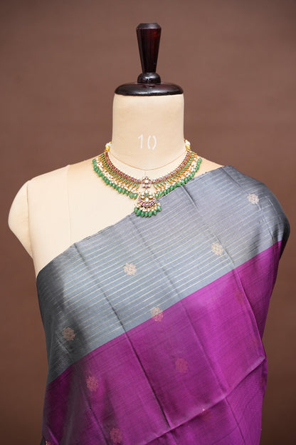 Pure Soft Silk Saree - Wine & Silver Grey