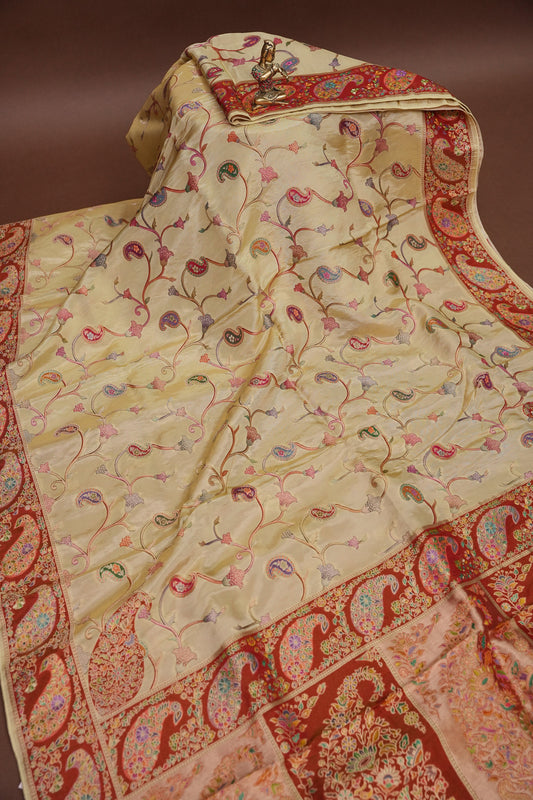 Kashmiri Pashmina Mellow Tissue Banarasi Saree - Ivory Gold
