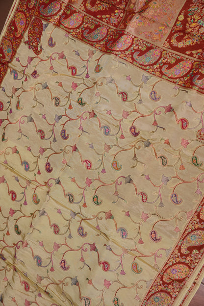 Kashmiri Pashmina Mellow Tissue Banarasi Saree - Ivory Gold