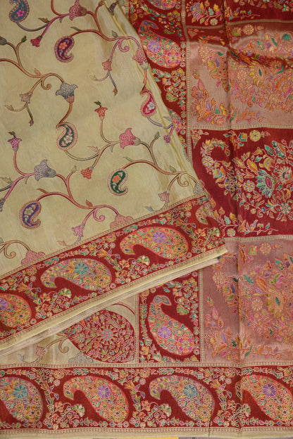 Kashmiri Pashmina Mellow Tissue Banarasi Saree - Ivory Gold