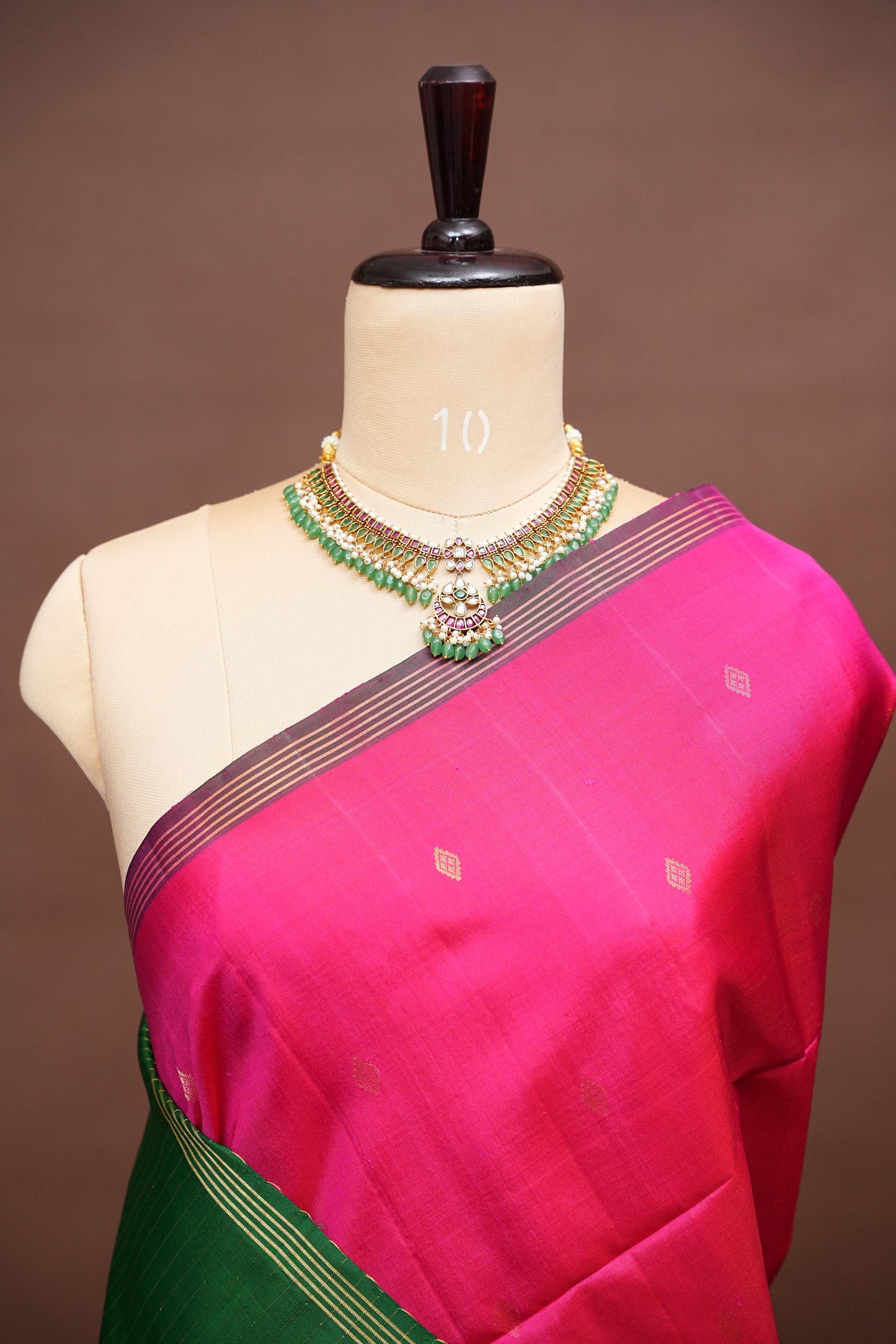 Pure Soft Silk Saree - Rani Pink & Bottle Green