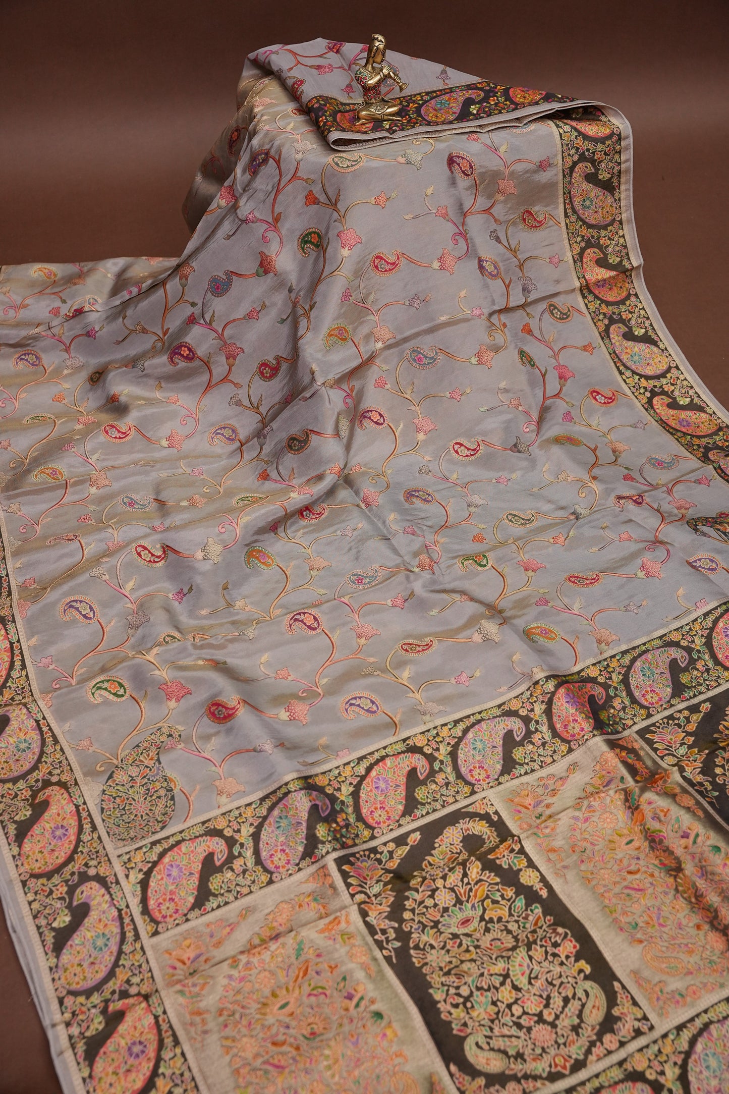 Kashmiri Pashmina Mellow Tissue Banarasi Saree - Soft Grey