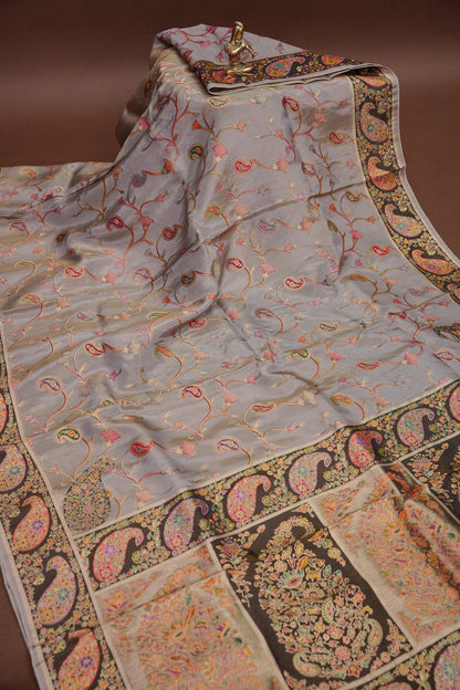 Kashmiri Pashmina Mellow Tissue Banarasi Saree - Soft Grey