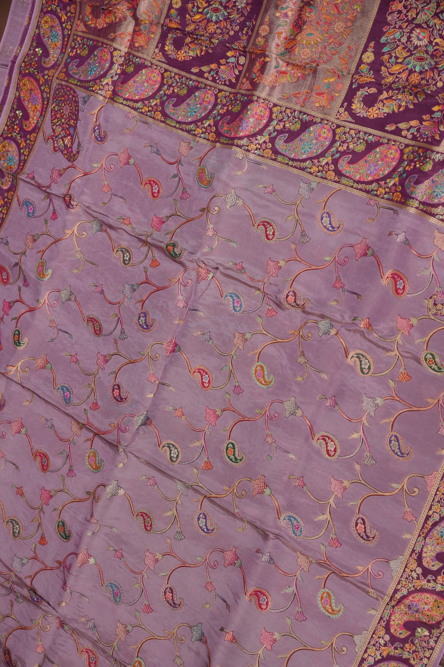 Kashmiri Pashmina Mellow Tissue Banarasi Saree - Dusty Lavender / Lilac Tone.