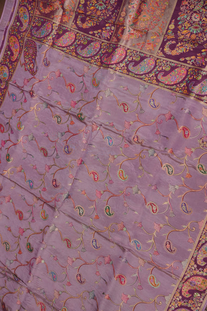 Kashmiri Pashmina Mellow Tissue Banarasi Saree - Dusty Lavender / Lilac Tone.