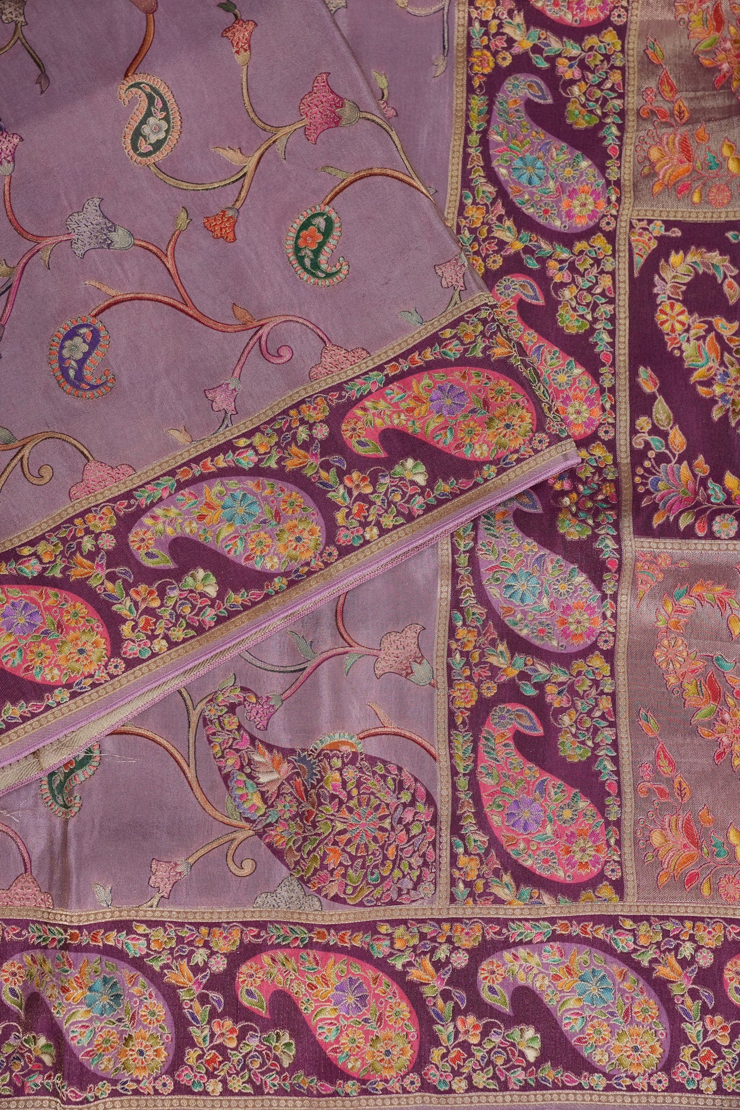 Kashmiri Pashmina Mellow Tissue Banarasi Saree - Dusty Lavender / Lilac Tone.