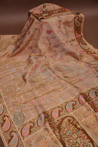 Kashmiri Pashmina Mellow Tissue Banarasi Saree - Antique Gold Beige