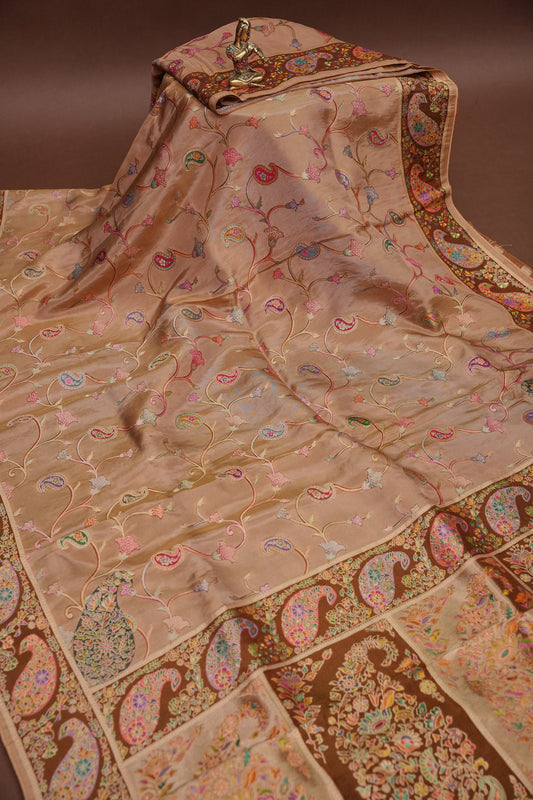 Kashmiri Pashmina Mellow Tissue Banarasi Saree - Antique Gold Beige