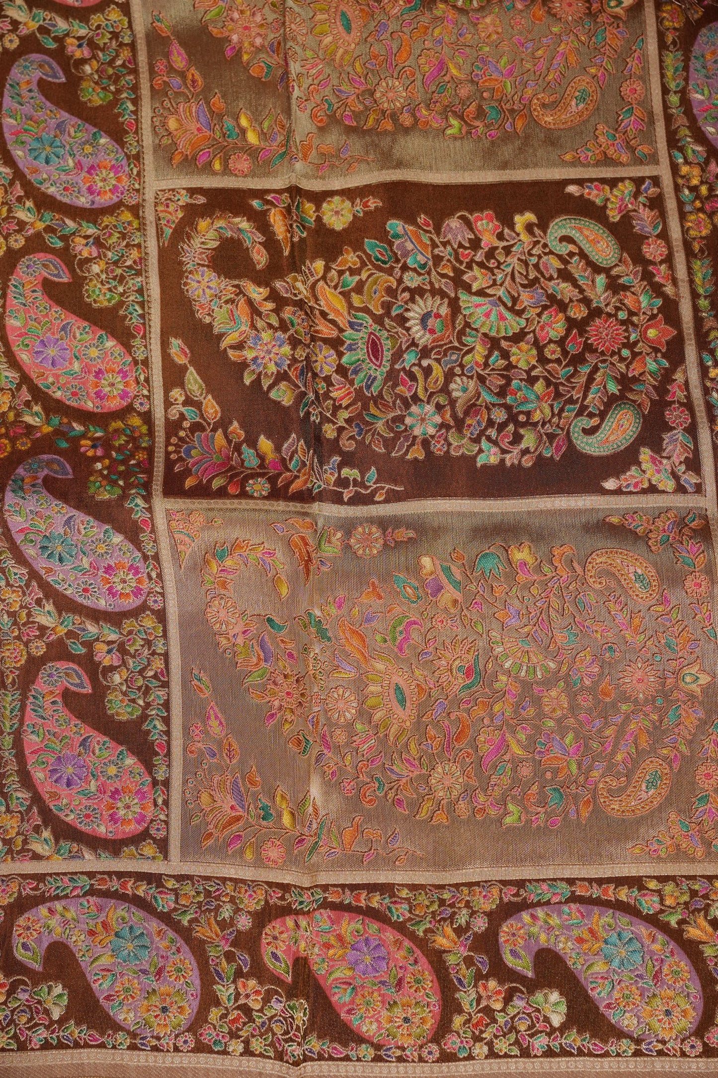 Kashmiri Pashmina Mellow Tissue Banarasi Saree - Antique Gold Beige