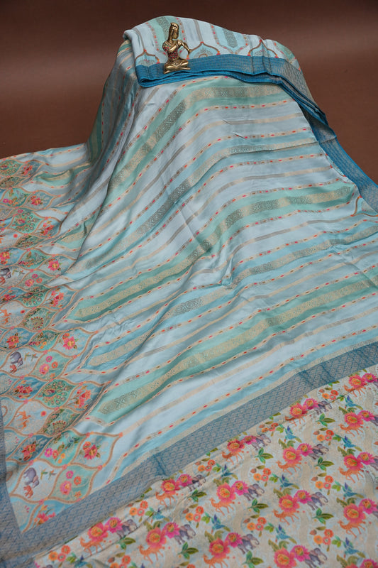 Munga & Mashru Silk Saree – Powder Blue with Multicolour Floral Weaves