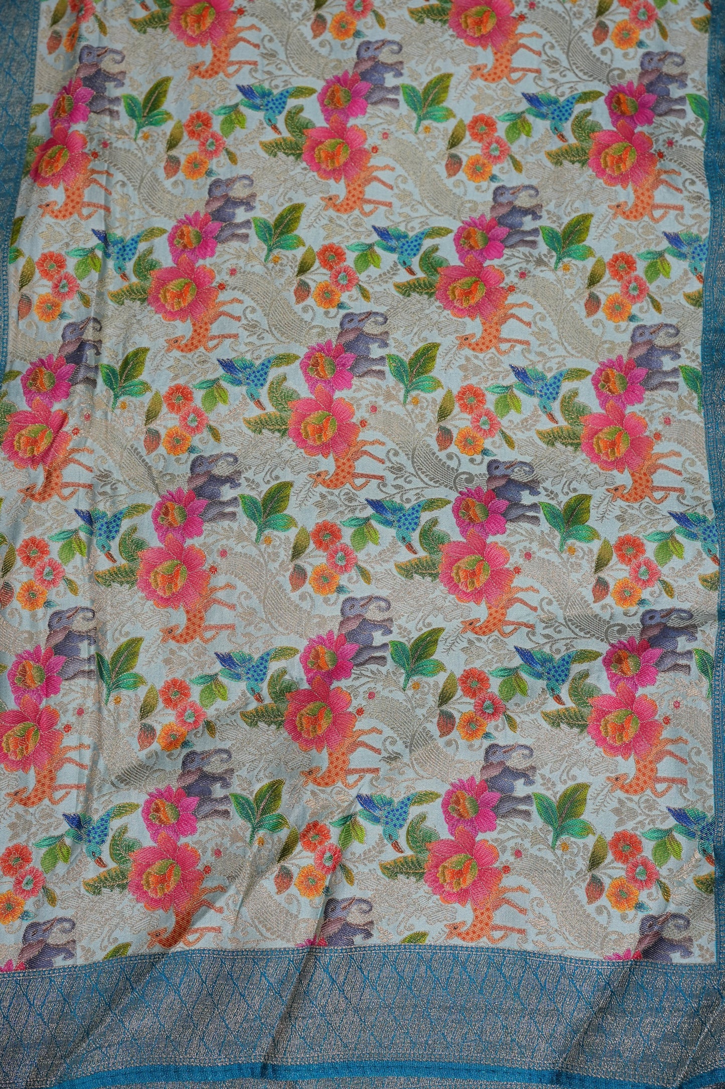 Munga & Mashru Silk Saree – Powder Blue with Multicolour Floral Weaves