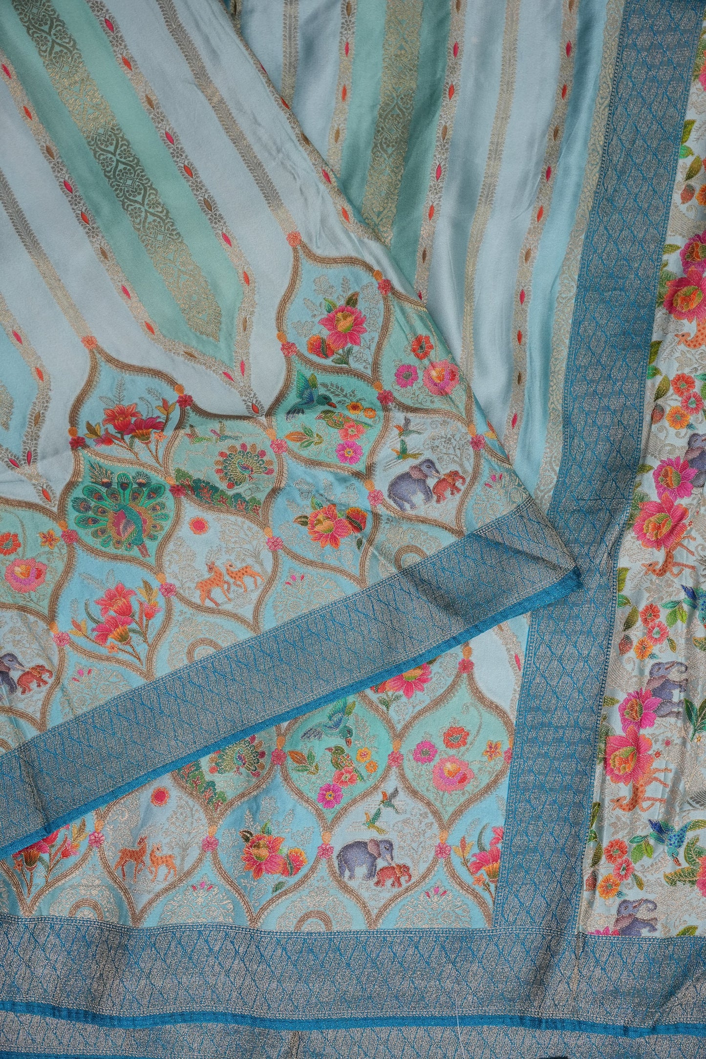 Munga & Mashru Silk Saree – Powder Blue with Multicolour Floral Weaves