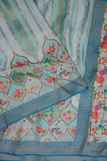 Munga & Mashru Silk Saree – Powder Blue with Multicolour Floral Weaves