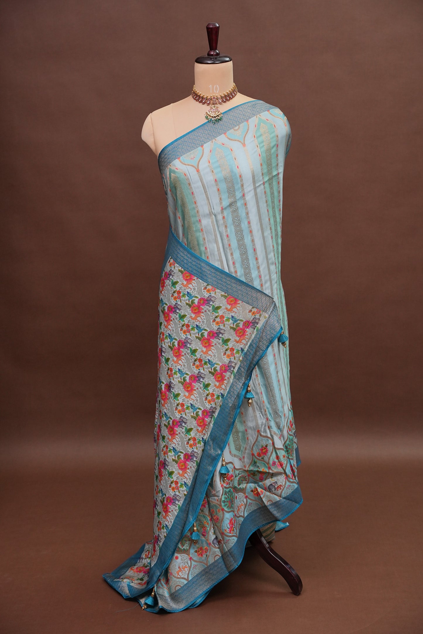 Munga & Mashru Silk Saree – Powder Blue with Multicolour Floral Weaves