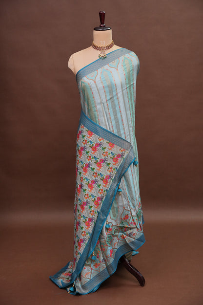 Munga & Mashru Silk Saree – Powder Blue with Multicolour Floral Weaves