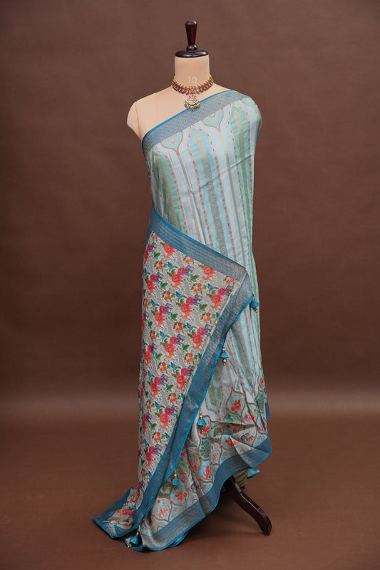 Munga & Mashru Silk Saree – Powder Blue with Multicolour Floral Weaves