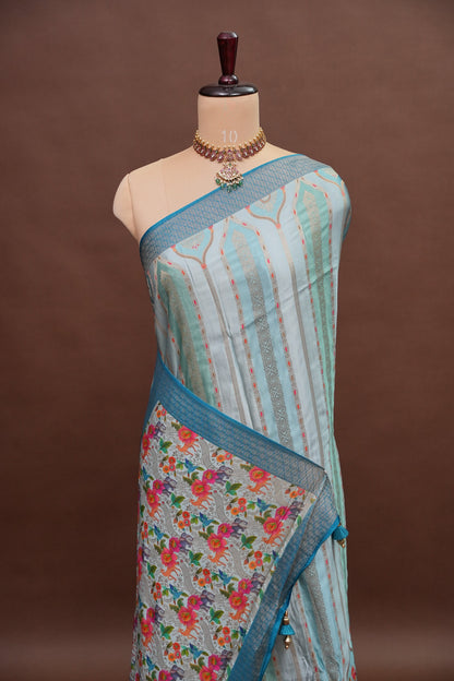 Munga & Mashru Silk Saree – Powder Blue with Multicolour Floral Weaves