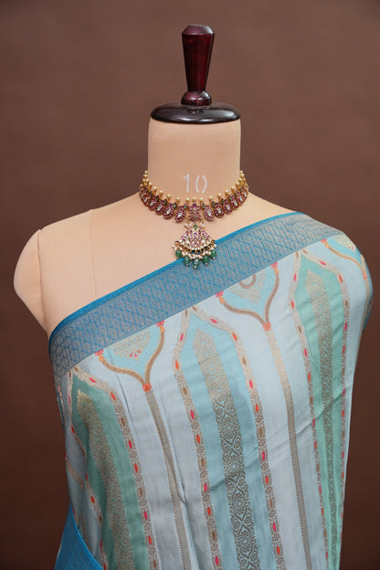 Munga & Mashru Silk Saree – Powder Blue with Multicolour Floral Weaves