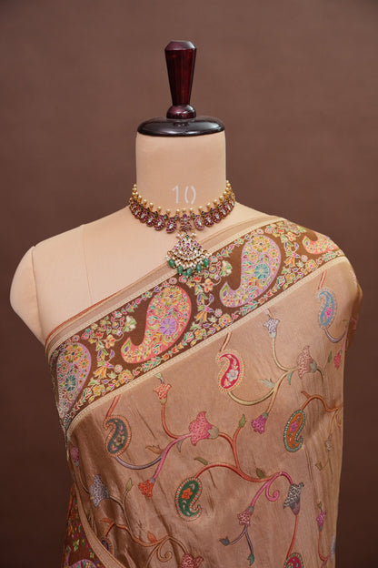 Kashmiri Pashmina Mellow Tissue Banarasi Saree - Antique Gold Beige