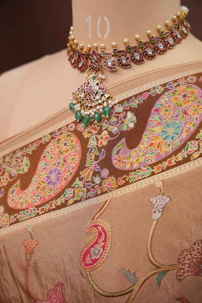 Kashmiri Pashmina Mellow Tissue Banarasi Saree - Antique Gold Beige