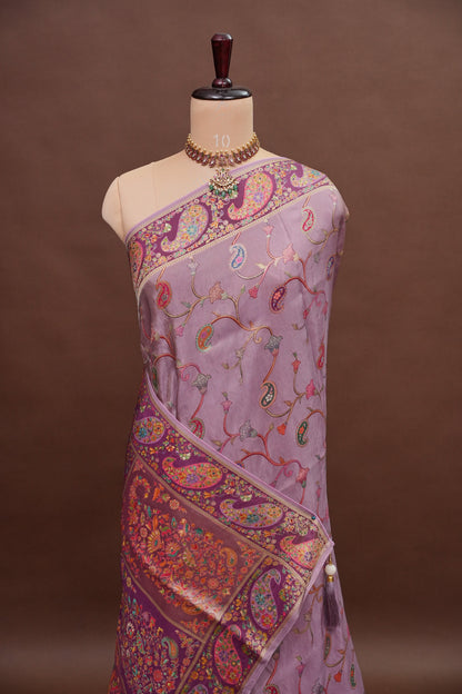 Kashmiri Pashmina Mellow Tissue Banarasi Saree - Dusty Lavender / Lilac Tone.