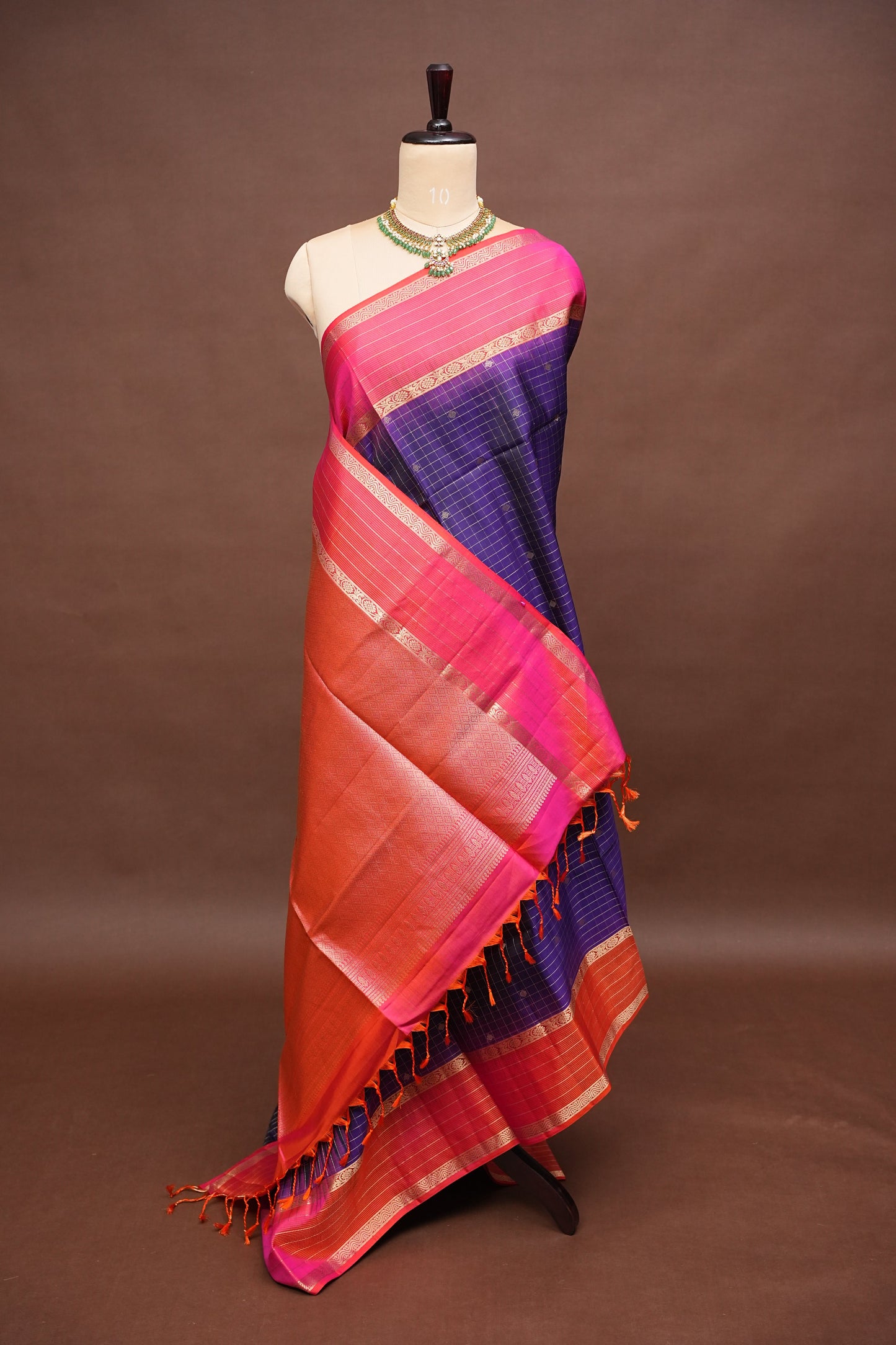 Pure Soft Silk Saree - Deep Purple with Pink & Orange