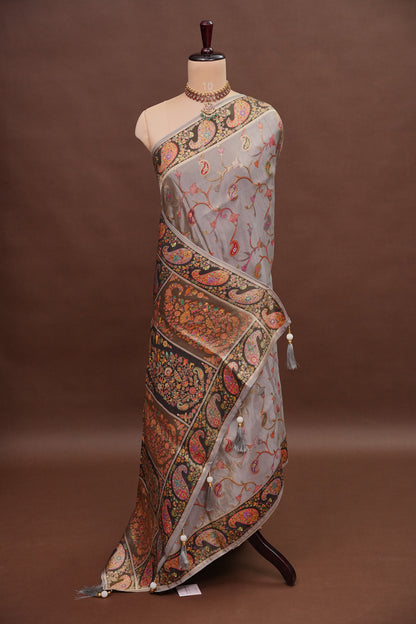 Kashmiri Pashmina Mellow Tissue Banarasi Saree - Soft Grey