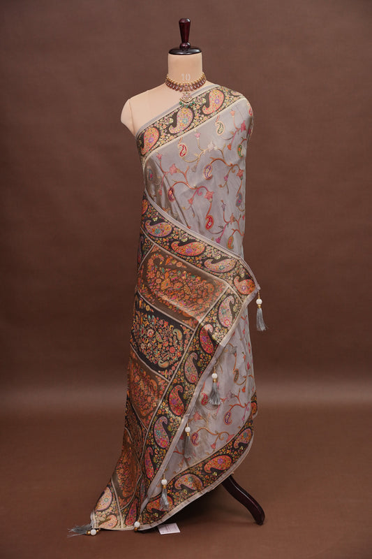 Kashmiri Pashmina Mellow Tissue Banarasi Saree - Soft Grey