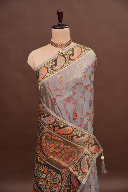 Kashmiri Pashmina Mellow Tissue Banarasi Saree - Soft Grey
