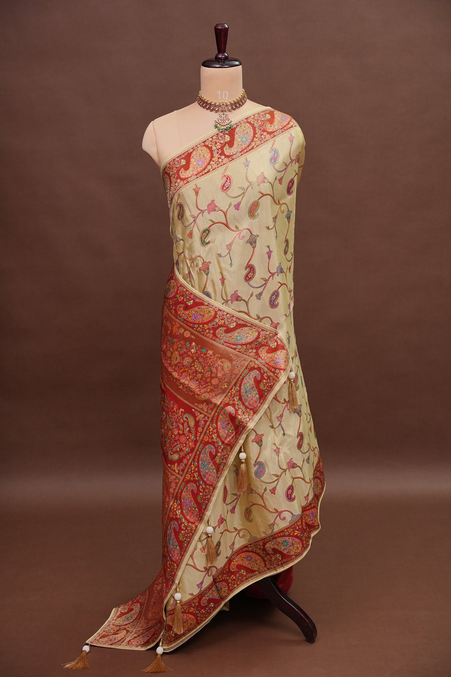 Kashmiri Pashmina Mellow Tissue Banarasi Saree - Ivory Gold