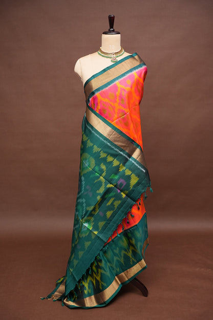 Pure Ikkat Soft Silk Saree - Peachy Pink & Bottle Green