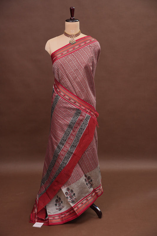 Chanderi Silk Cotton Block Printed Saree - Grey & Red