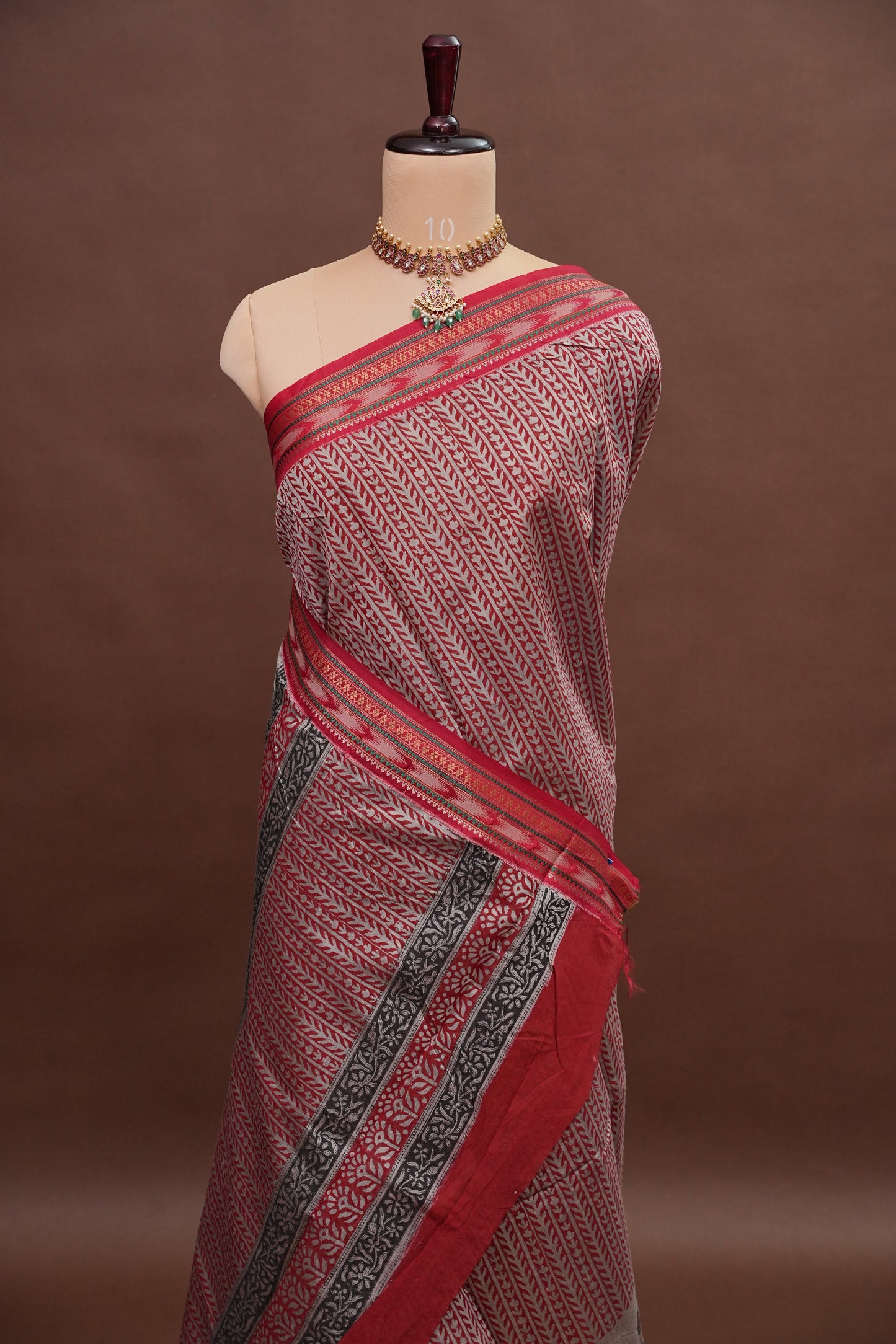 Chanderi Silk Cotton Block Printed Saree - Grey & Red