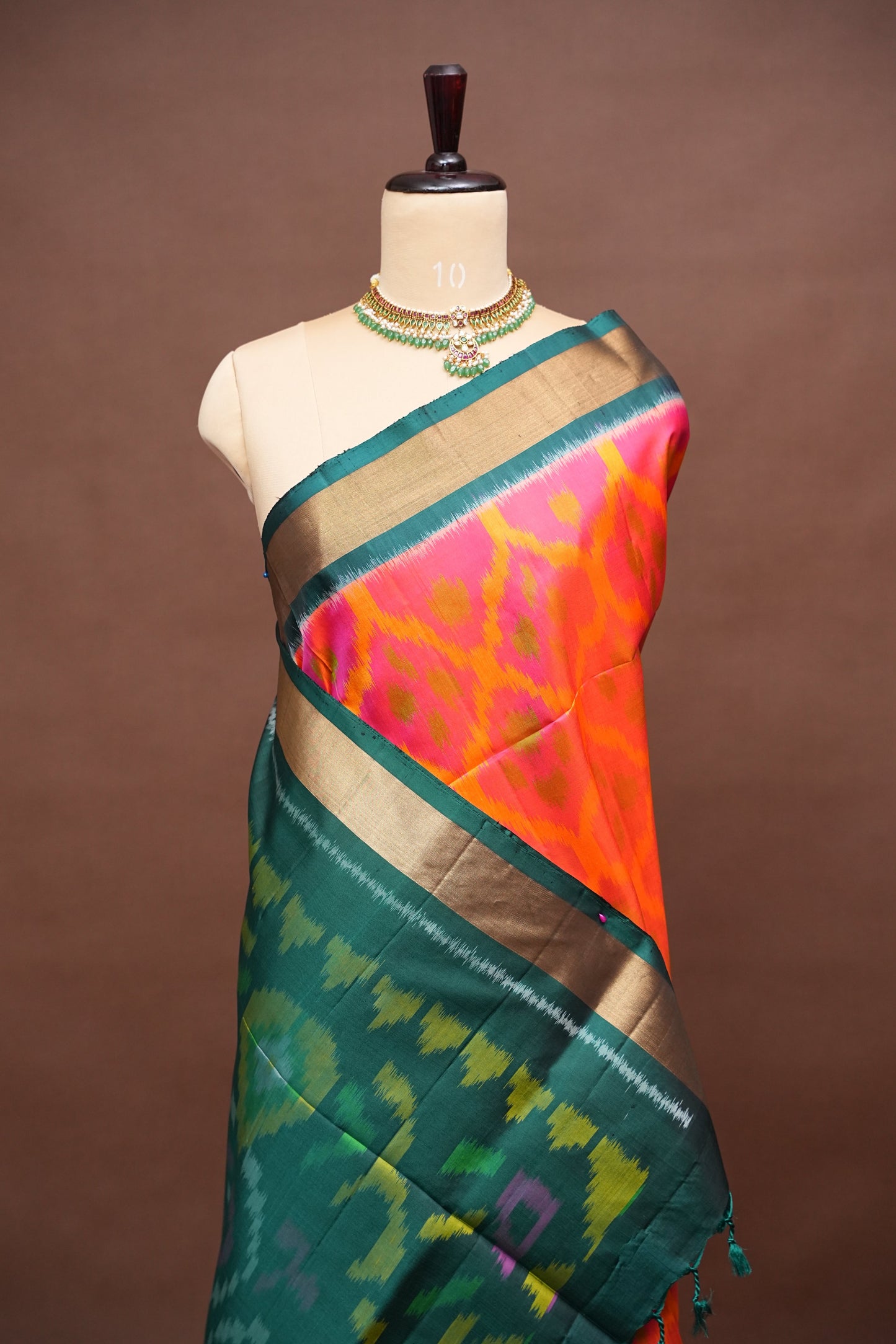 Pure Ikkat Soft Silk Saree - Peachy Pink & Bottle Green