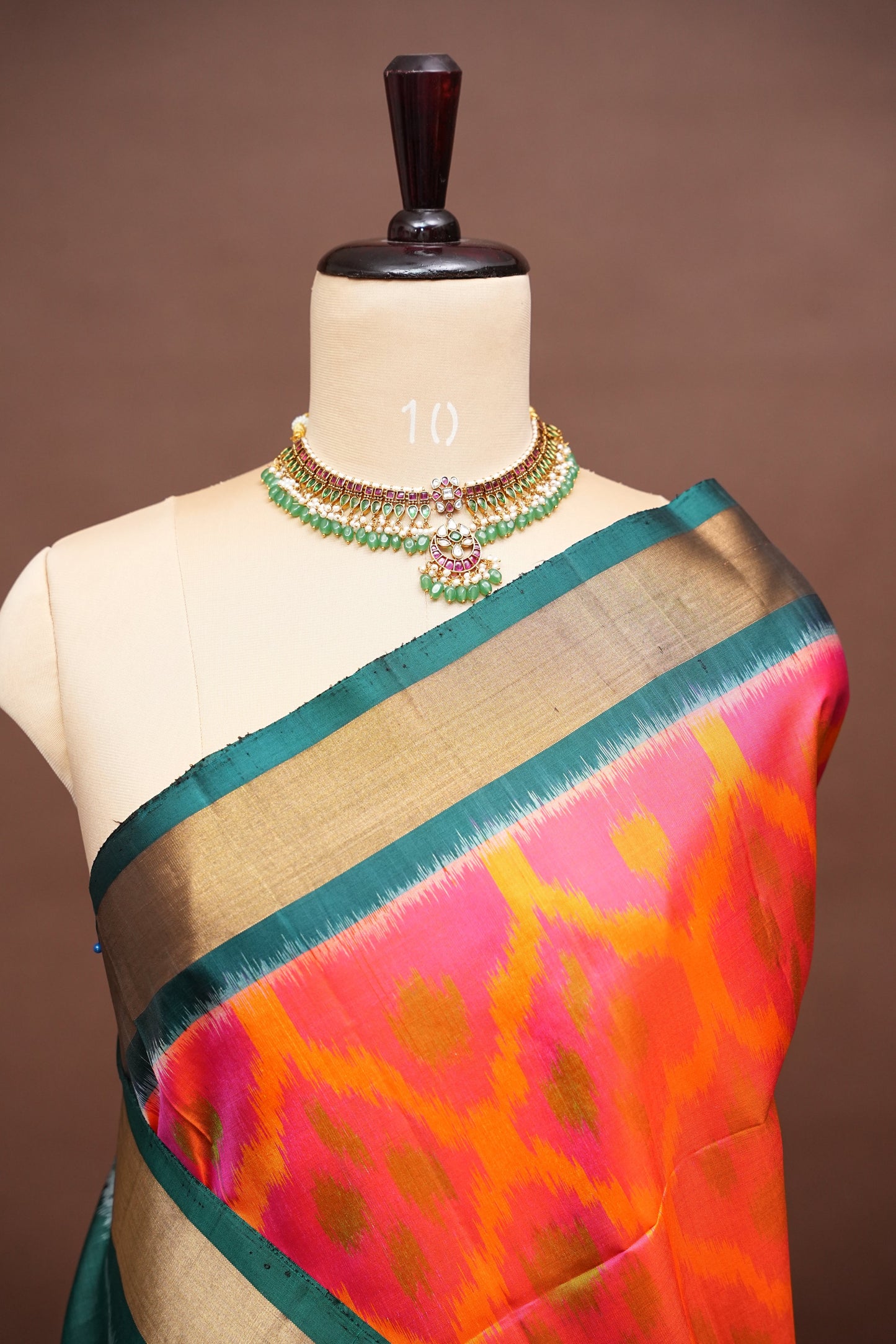 Pure Ikkat Soft Silk Saree - Peachy Pink & Bottle Green