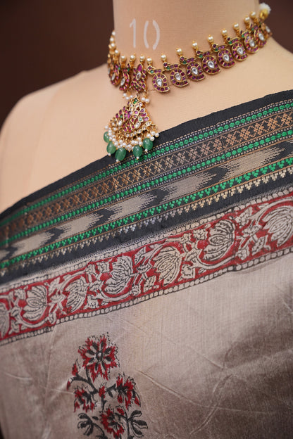 Chanderi Silk Cotton Block Printed Saree - Grey