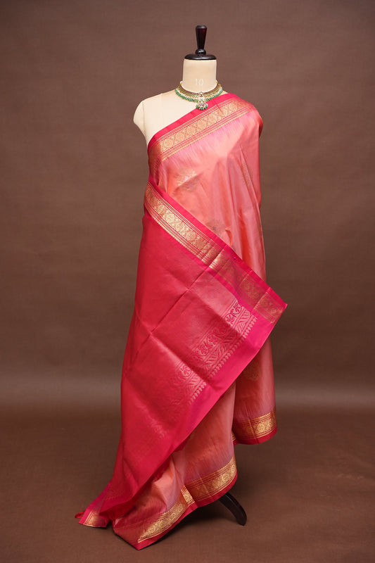 Pure Soft Silk Saree - Coral Pink & red