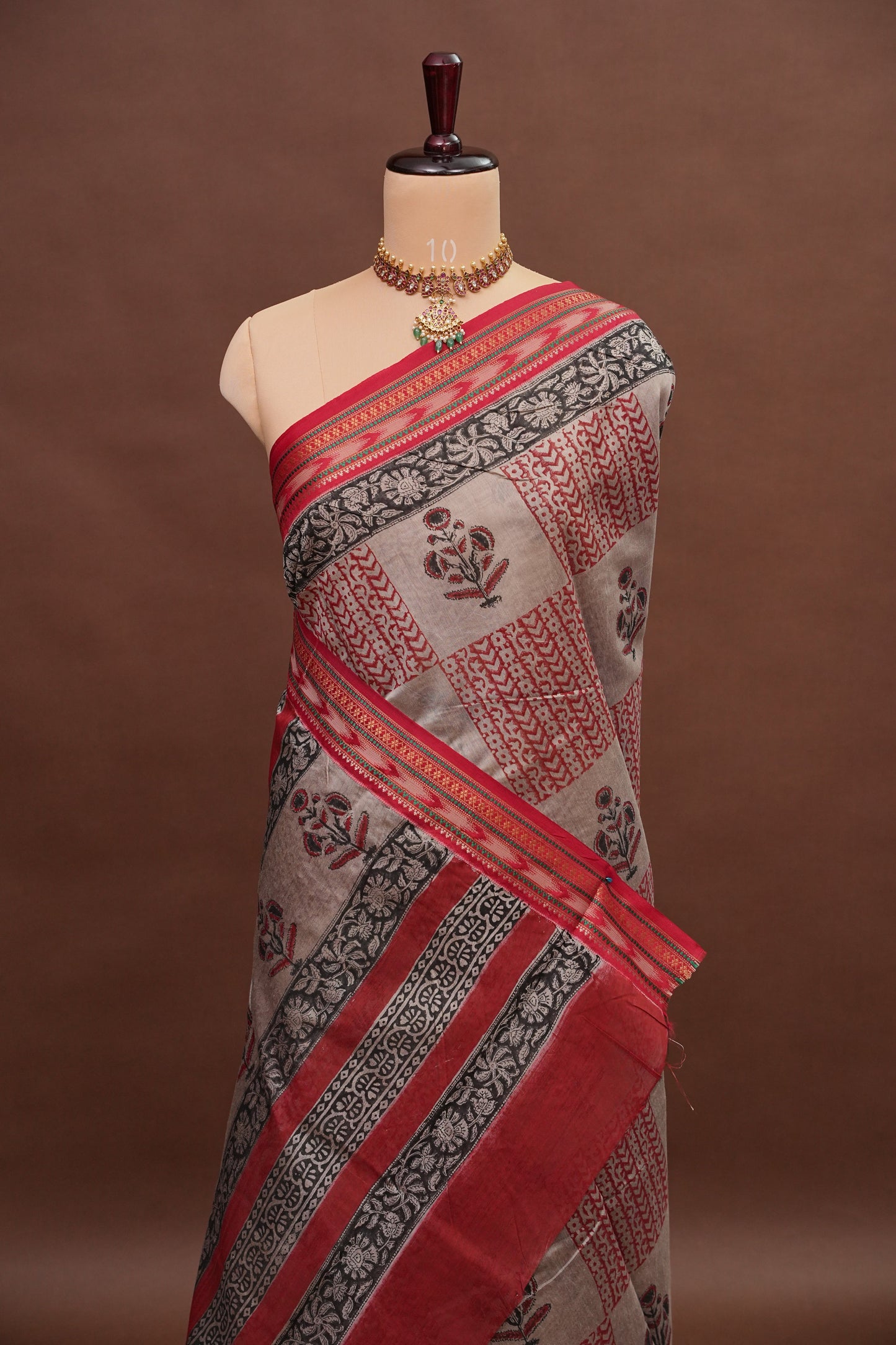 Chanderi Silk Cotton Block Printed Saree - Grey & Red