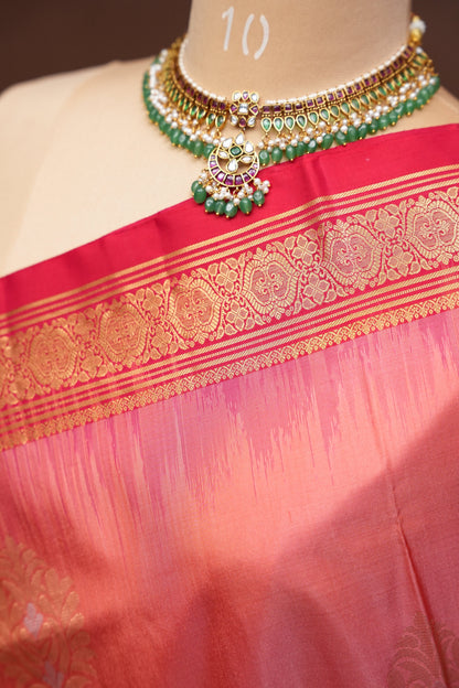 Pure Soft Silk Saree - Coral Pink & red