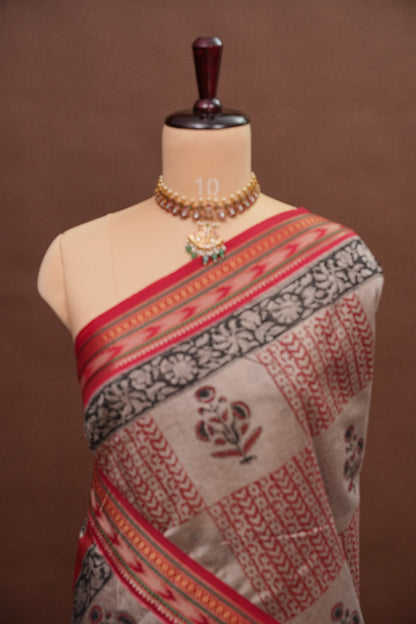 Chanderi Silk Cotton Block Printed Saree - Grey & Red