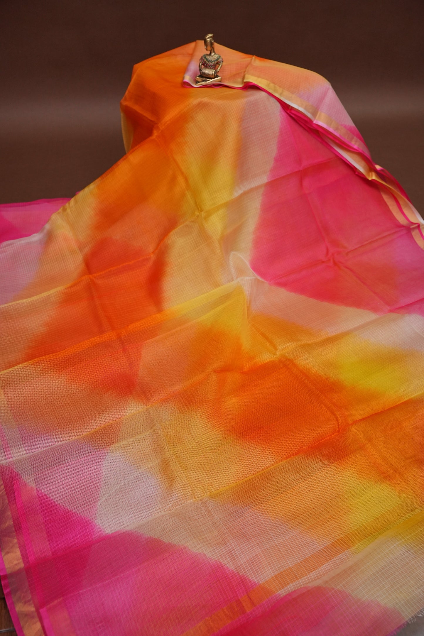 Silk Kota Multicolor Saree - Coral Pink, Orange & Yellow Blend