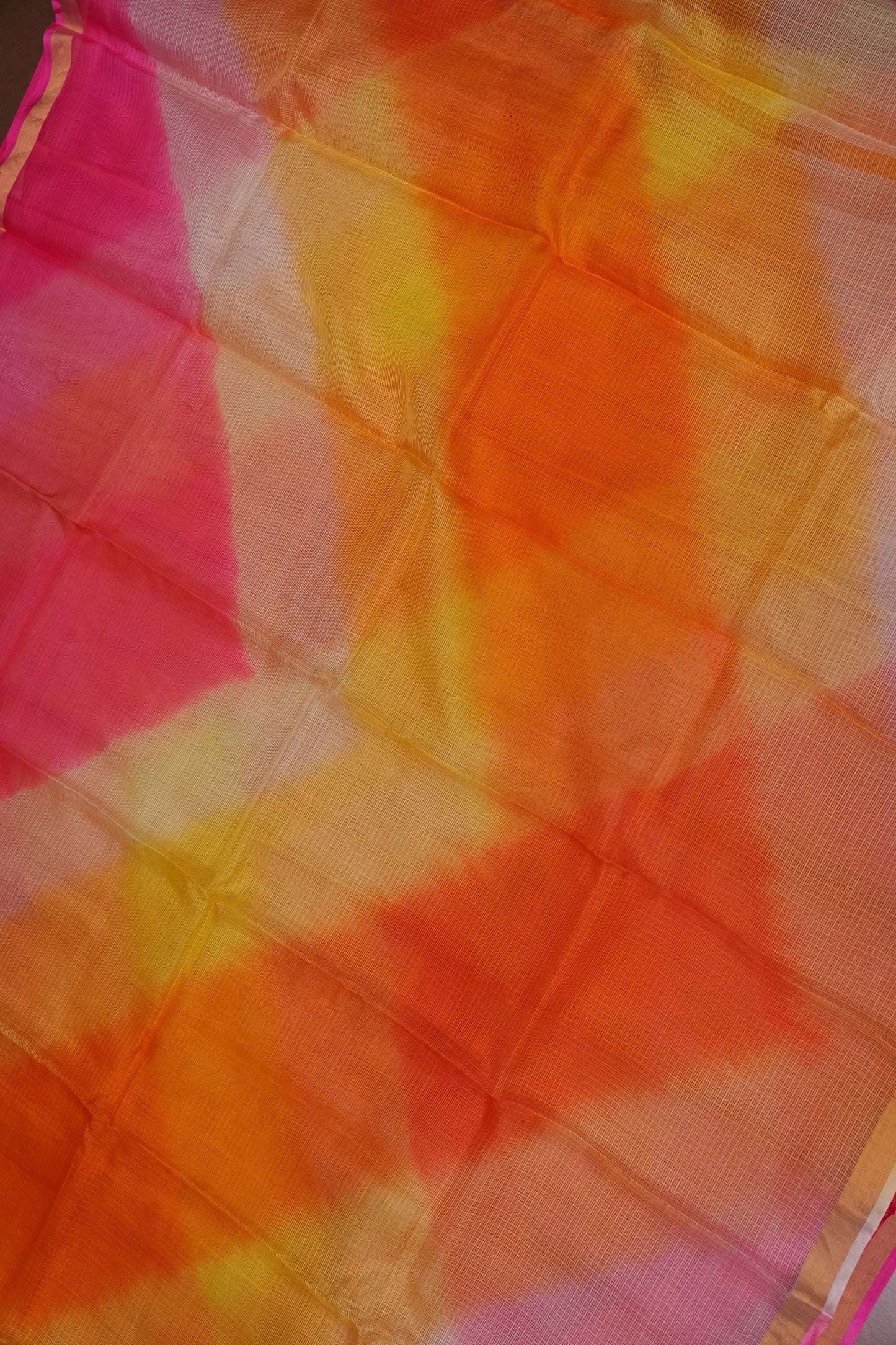 Silk Kota Multicolor Saree - Coral Pink, Orange & Yellow Blend