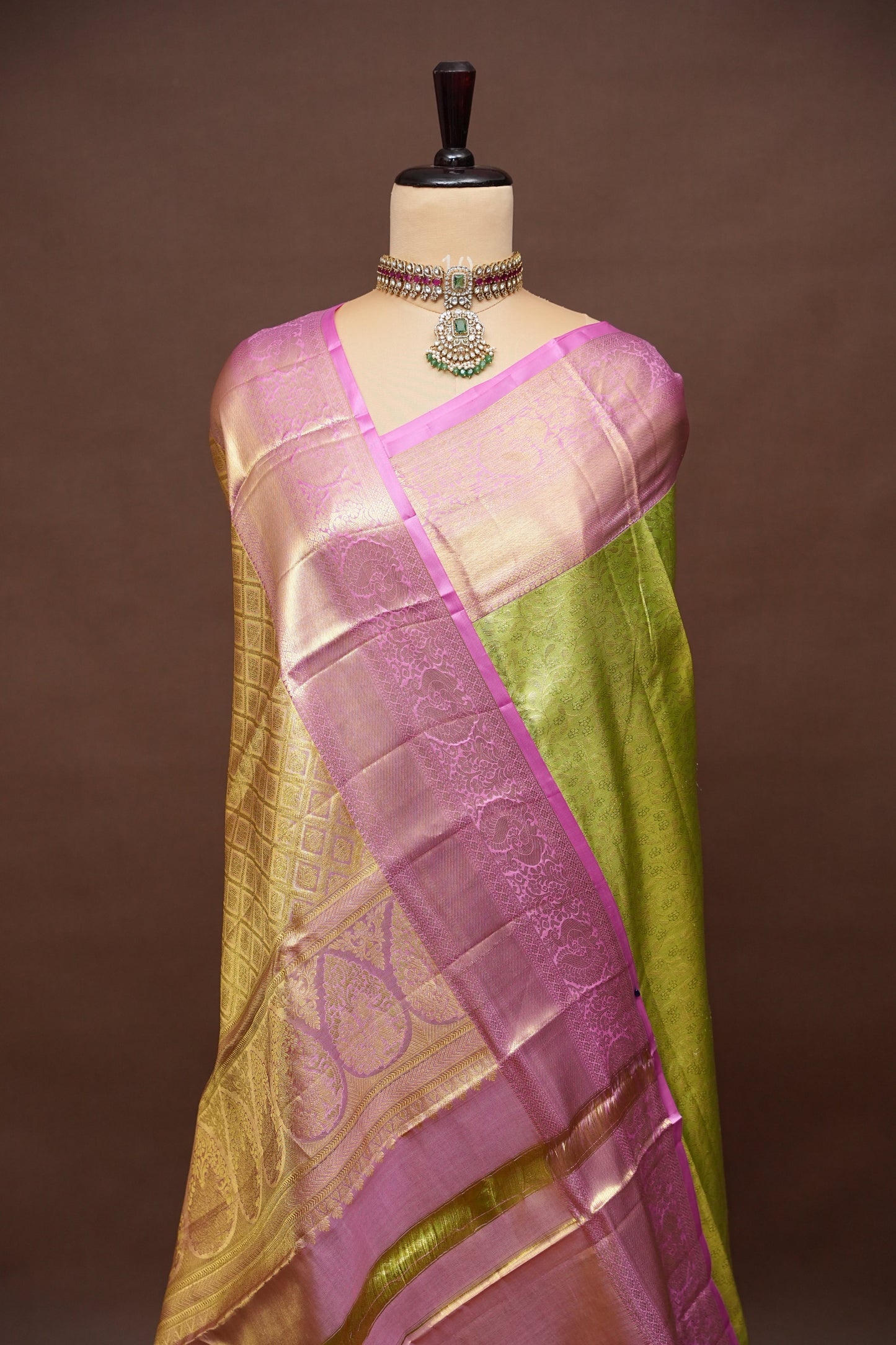 Parrot Green & Pink Pure Tissue Kanchipuram Silk Saree|Silk Mark Certified