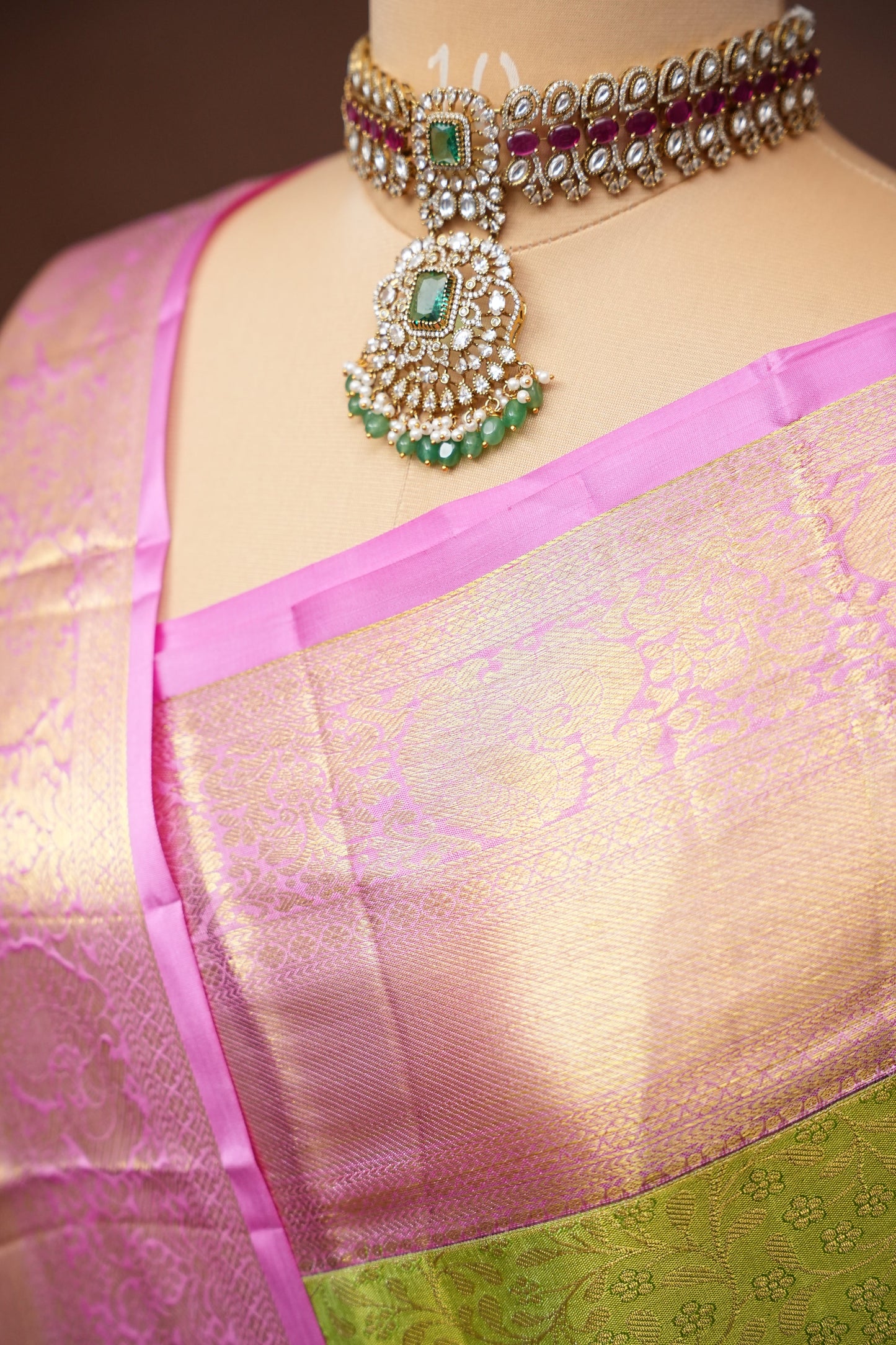 Parrot Green & Pink Pure Tissue Kanchipuram Silk Saree|Silk Mark Certified