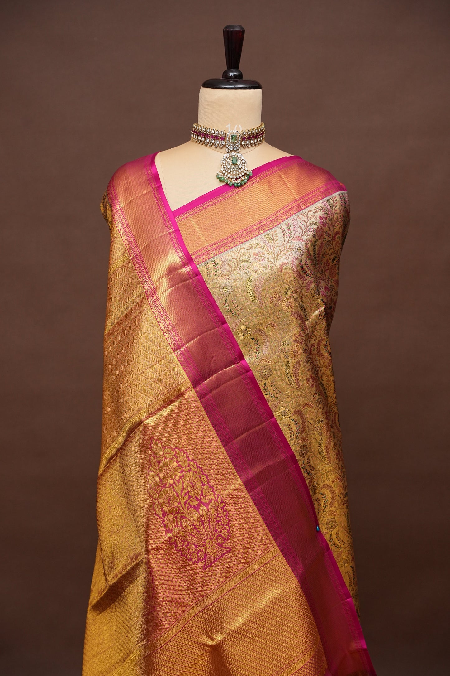 Gold with Pink Pure Tissue Kanchipuram Silk Saree|Silk Mark Certified